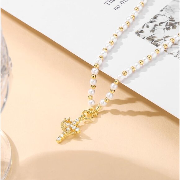 Crown Cross Necklace for Women 14K Gold Silver Plated Faith Birthstone Gift - Picture 5 of 7